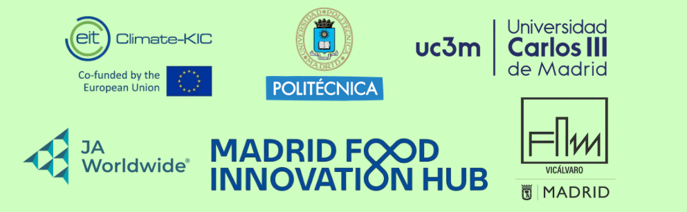 Logotipos sobre fondo verde: Madrid Food Innovation Hub, Politécnica, UC3M, Universidad Carlos III de Madrid, Madrid y JA Worldwide en un panel gráfico.