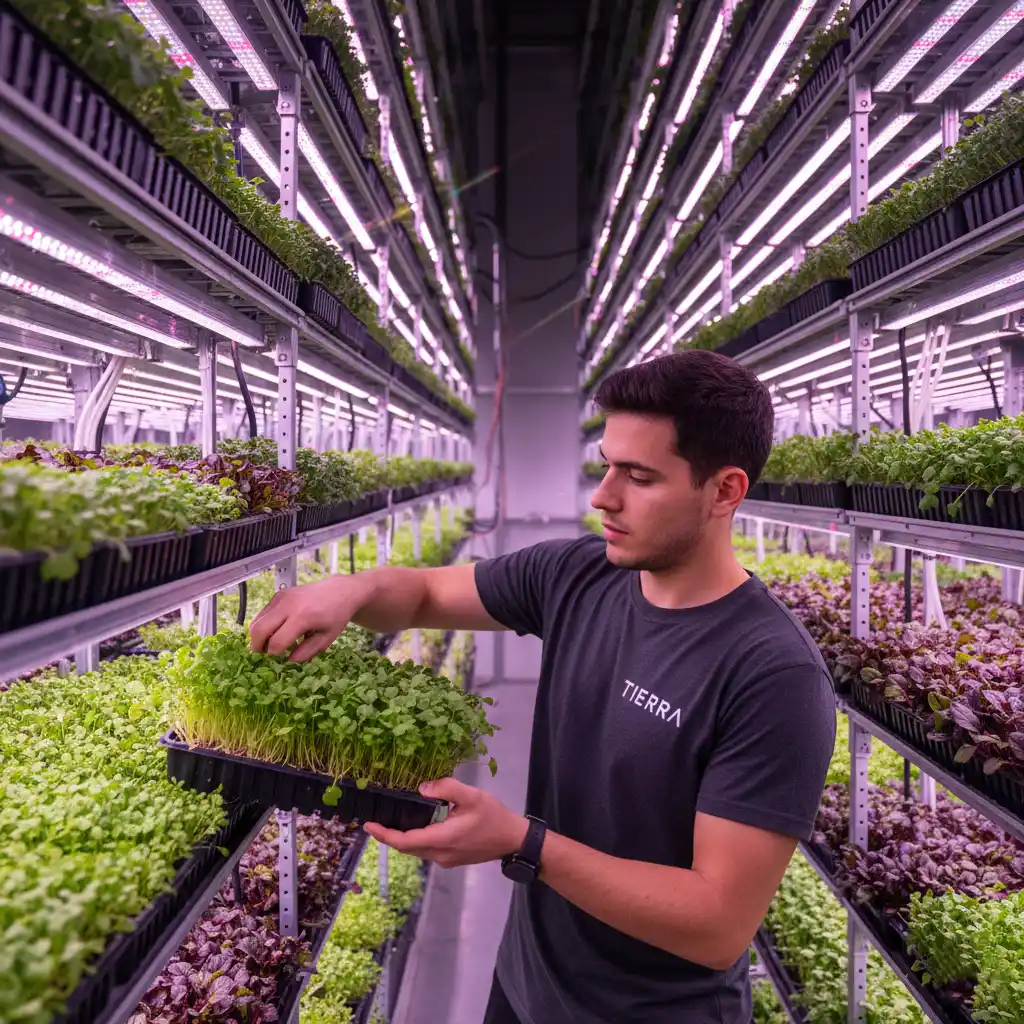 En una sala de cultivo con luces LED, bandejas de microgreens verdes en estanterías; Gonzalo Gosálbez revisa la producción de Tierra para restaurantes.