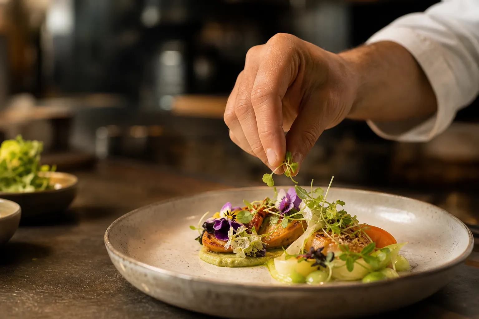 Chef terminando un plato con microbrotes y flores comestibles