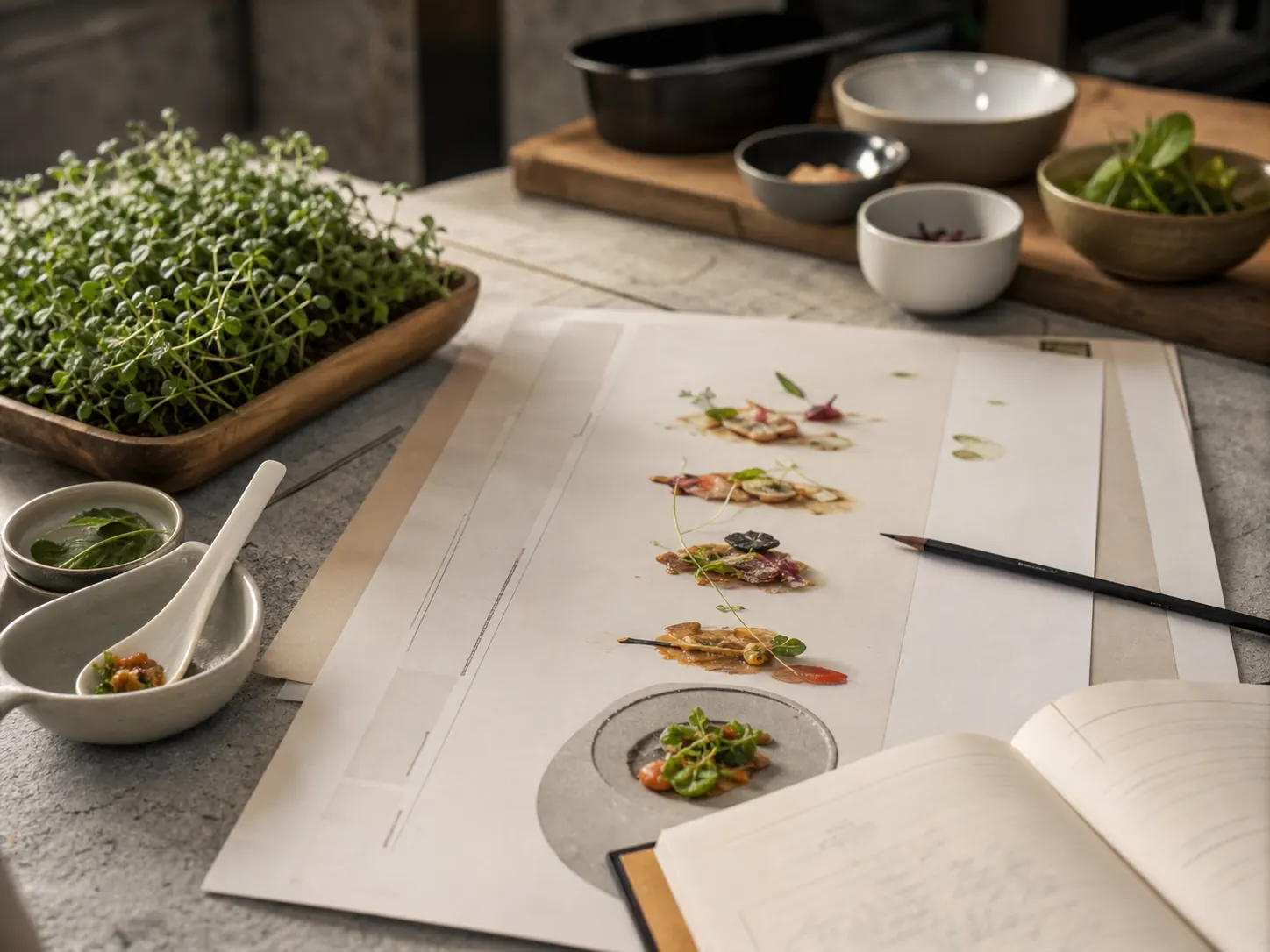 Microbrotes, germinados y flores sobre carta y mesa de cocina